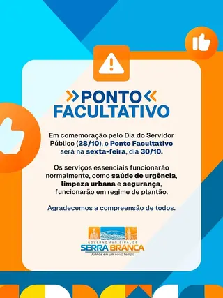 A Prefeitura de Serra Branca informa que nesta sexta-feira (30/10) não haverá expedient...