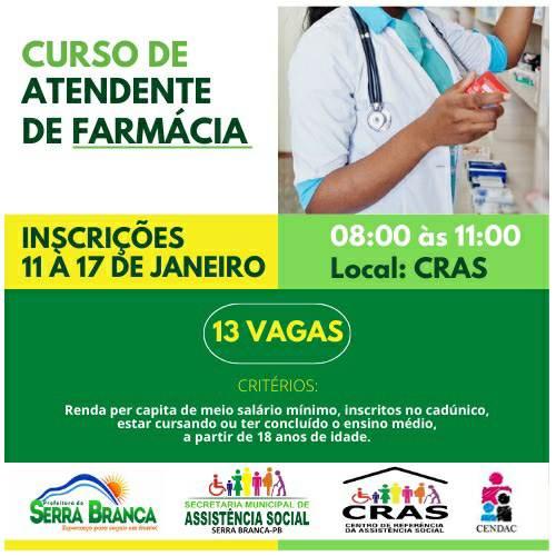 Prefeitura de Serra Branca abre inscrições para Curso de Atendente de Farmácia