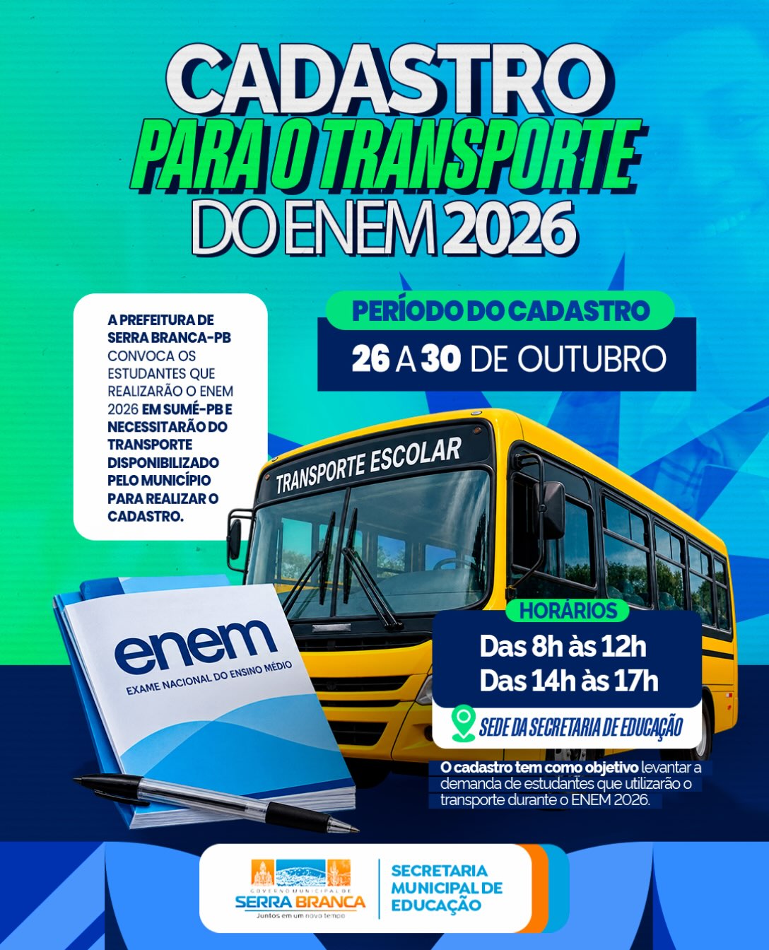 Serra Branca cadastra estudantes para transporte ao ENEM 2026 em Sumé