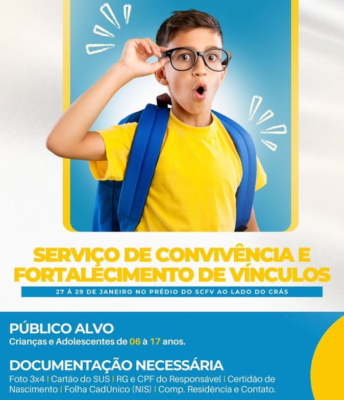 A SEMAS informa: estão abertas as inscrições para o Serviço de Convivência e Fortalecimento de Vínculos (SCFV)