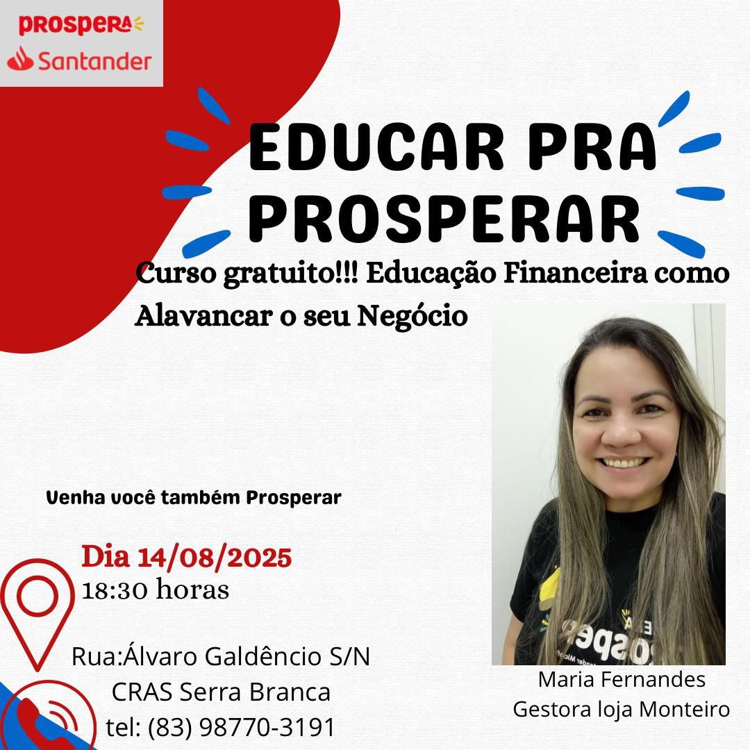 Sala do Empreendedor de Serra Branca apoia curso gratuito de educação financeira em parceria com o Santander