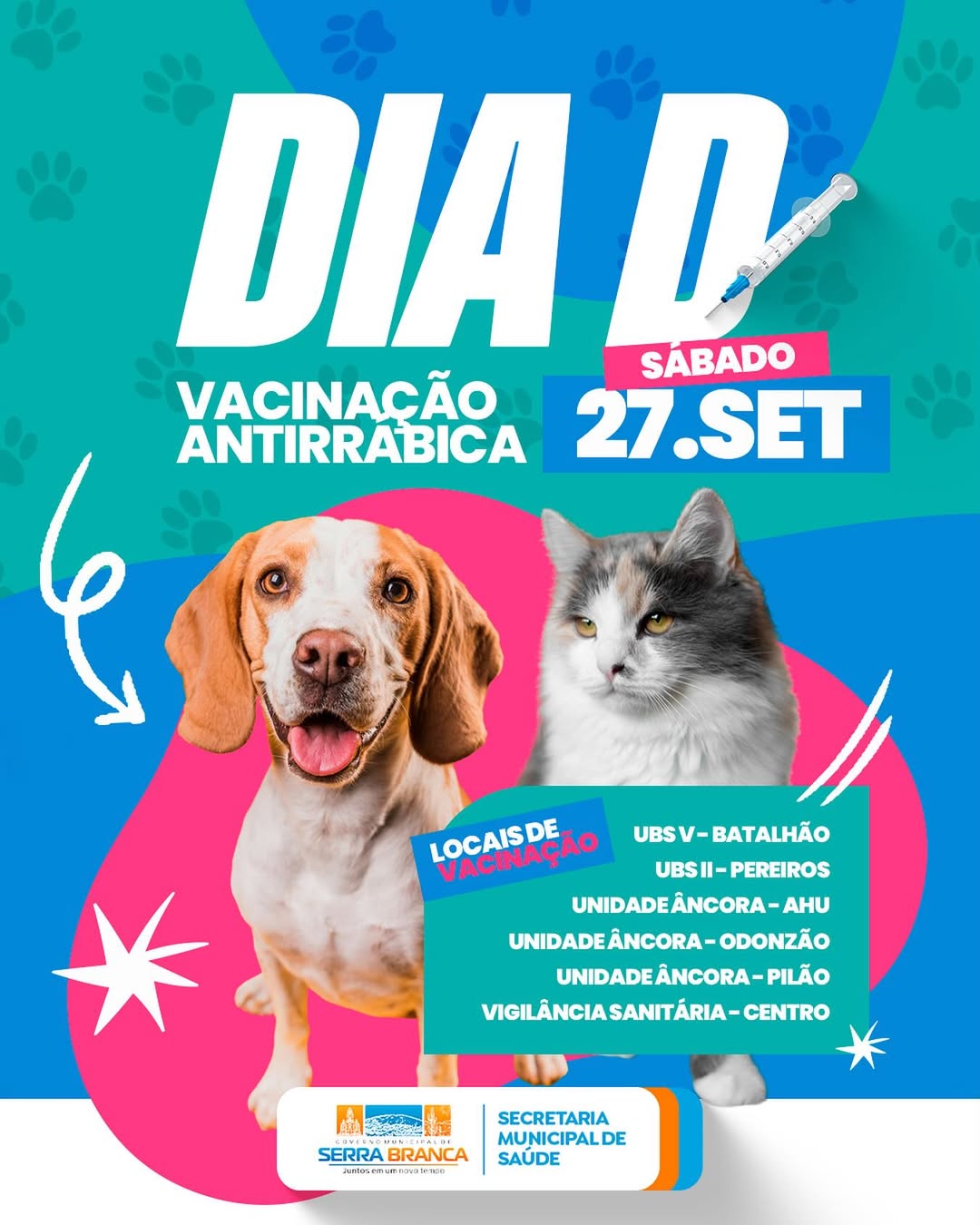 Prefeitura de Serra Branca promove Dia D de Vacinação Antirrábica no próximo sábado (27)