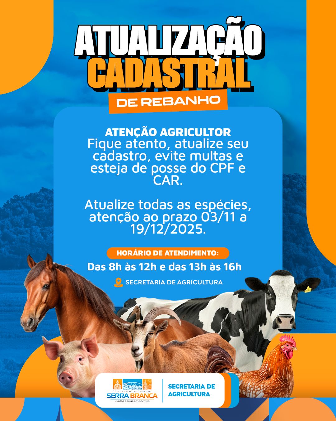 Secretaria de Agricultura de Serra Branca convoca criadores para recadastramento de espécies animais