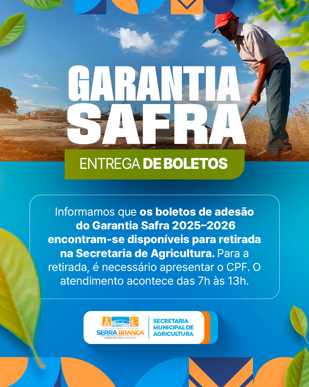 Secretaria de Agricultura de Serra Branca informa sobre entrega dos boletos do Garantia Safra 2025–2026